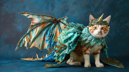 A cat wearing a dragon costume with wings, looking adorable and playful