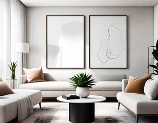 A paper size ISO frame mockup, Living room wall poster mockup, Interior house background mockup. Modern interior design in 3D rendering. Generative AI. V-12