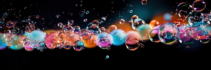 Soap bubbles with rainbow bokeh on a black background.