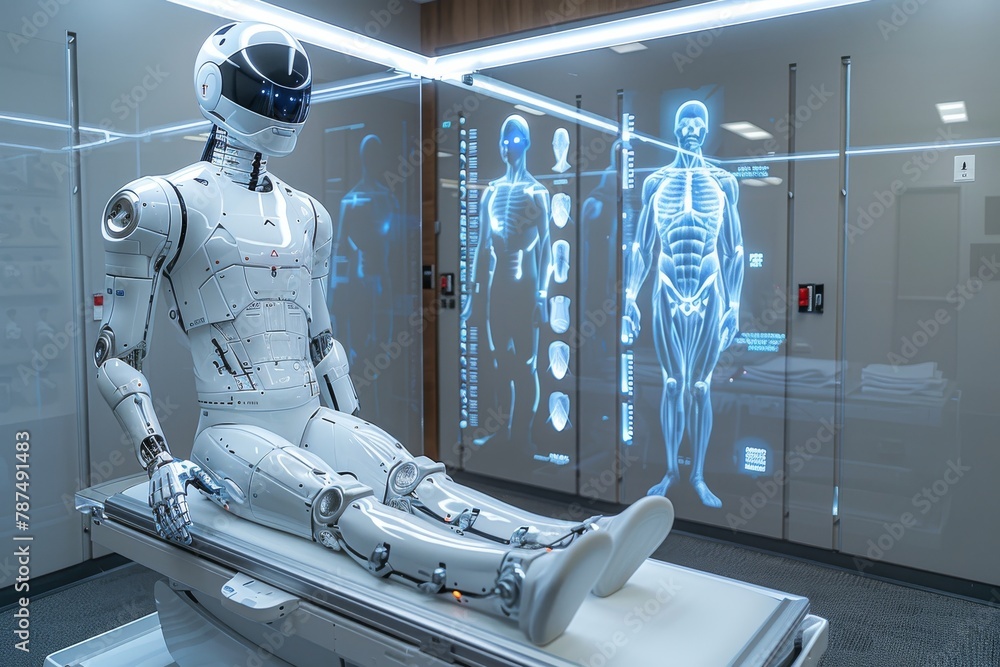 Poster advanced humanoid robot in a high-tech medical lab analyzing a human skeletal system