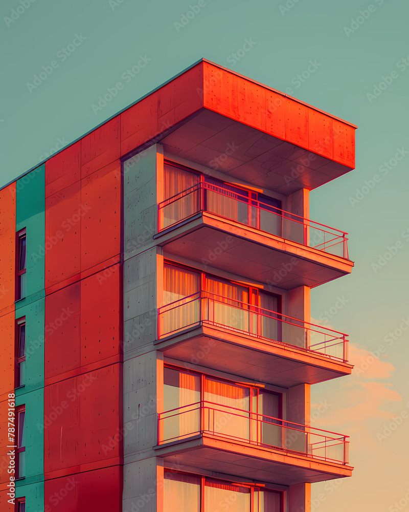 Poster vibrant minimal photography of a brutalist building with balconies and windows, emphasizing art and 