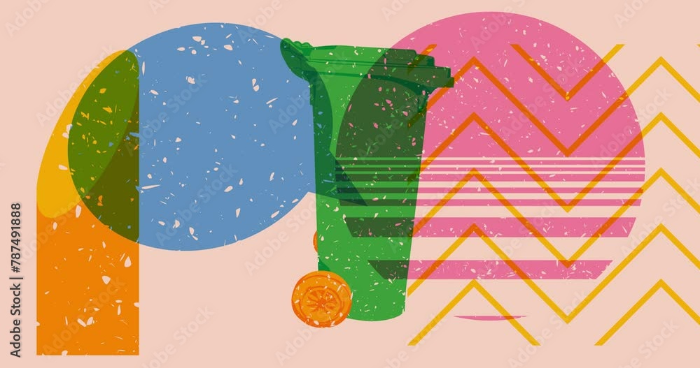 Poster risograph garbage bin and speech bubble with geometric shapes animation. moving object in trendy ris