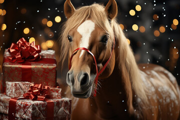 A brown horse standing near a stack of colorful presents