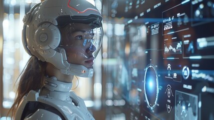 Female robot with advanced headgear examines digital data in futuristic lab