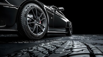 Sleek Auto Essence: Tire Detail in Shadow. Concept Automotive Photography, Tire Shine, Shadow Effects, Vehicle Detailing, Sleek Aesthetics