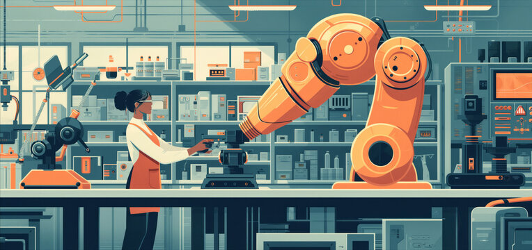 Illustration of modern laboratory setting, woman in lab coat is working with large, sophisticated orange robotic arm, image in flat retro style for laboratory equipment, robotics, related technology