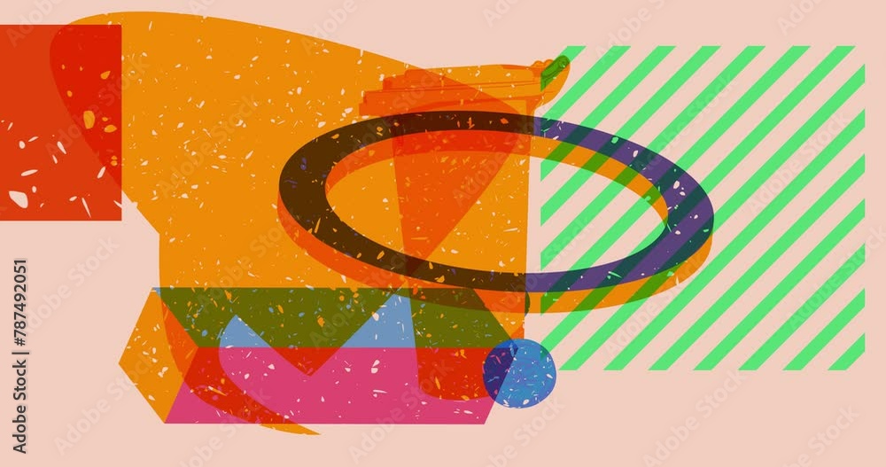 Poster risograph garbage bin and speech bubble with geometric shapes animation. moving object in trendy ris