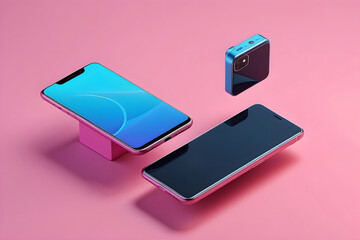 Obraz na płótnie Canvas Modern Electronic devices in isometry. A 3D smartphone with the camera facing forward levitates on a pink-blue background design. Two phones hang sideways over a table design.