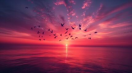 Majestic flocks of birds gracefully swooping across a twilight sky, their wings aglow with the hues of sunset-2