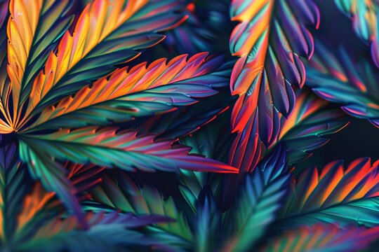 Abstract background with colorful cannabis leaves, beautiful light and glow effects, vector illustration, high resolution, high contrast, detailed, cinematic, HDR, 3D rendering, psychedelic style