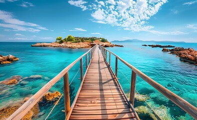 Stunning wooden bridge to a small island in the turquoise sea on a sunny sumas.