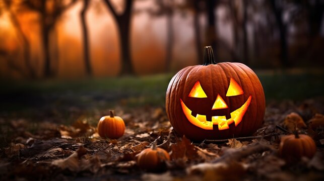 Halloween pumpkin head jack o lantern on autumn leaves background