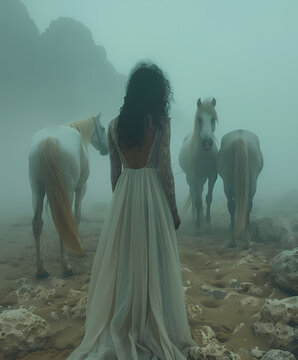 Enchanting Scene: Artistic Full Body Shot of 9-Year-Old Girl Playfully Engaging with Horses amidst a Aesthetic Fog in Sand Desert