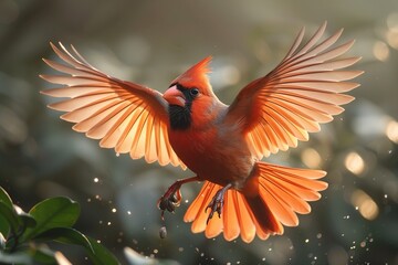 Through the veil of mist, a Northern Cardinal emerges, its vivid colors a beacon of brightness as it hops towards the bird feeder, hungry for sunflower seeds-1 - obrazy, fototapety, plakaty