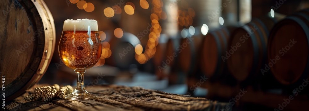 Poster an inviting glass of frothy craft beer placed on a rustic wooden table with barrels in the backgroun