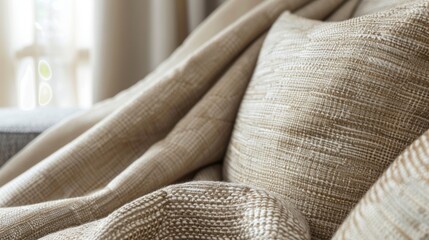 Defocused lightcolored fabric with a subtle woven design exuding a warm and inviting feel in a polished setting. . - obrazy, fototapety, plakaty