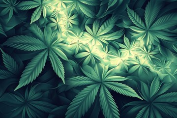 abstract cannabis leaf's , fractals and shadows, vector art, 3d render, dark green and light cyan colors, detailed background, fractal design, very detailed