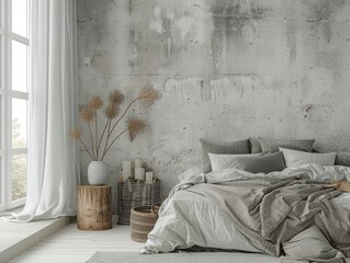 Bedroom With Concrete Wall and White Bedding