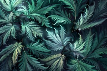 abstract cannabis leaf's , fractals and shadows, vector art, 3d render, dark green and light cyan colors, detailed background, fractal design, very detailed