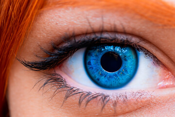 Extreme Close Up Of Human Blue Eye of red-haired woman