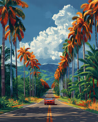 Vibrant Panama Roadside Art: Car amidst Palm Trees in North American Landscape - obrazy, fototapety, plakaty