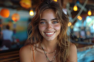 Radiant young woman with a sun-kissed smile in a casual setting