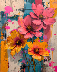 Graffiti Floral Screen Print Wall Art Poster - Vibrant Textured Punk Grunge Style Mixed Media Painting
