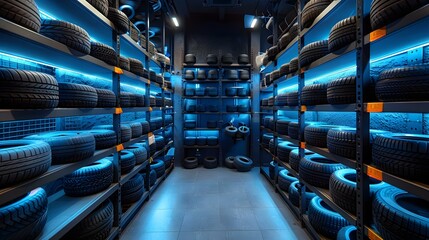 Neatly Arranged Tire Emporium with Glowing Ambience. Concept Tire Store Display, Neat Organization, Ambient Lighting, Wheel Showcase, Tire Shop Decor