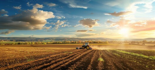 Tractor Plowing Field at Sunset - obrazy, fototapety, plakaty