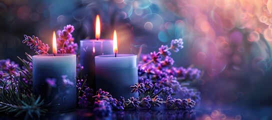 Spa still life with candles and flowers on bokeh background - obrazy, fototapety, plakaty