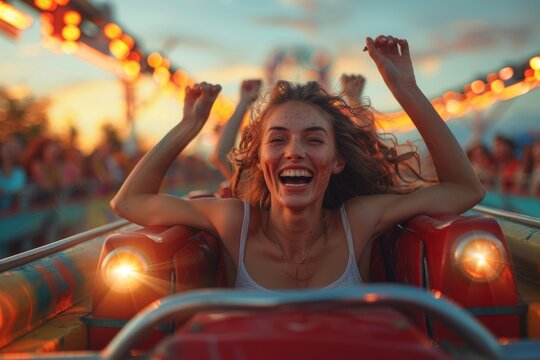 Thrilled woman with her arms up enjoying a rollercoaster ride in an amusement park, capturing the essence of fun