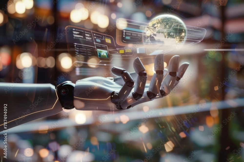 Poster futuristic robot with digital interface interacting with virtual globe