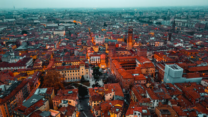 Aerial view of Verona, Veneto region, Italia. View of the historic city center. Red tiled roofs....
