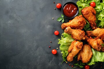 crispy chicken with copy space, crispy chicken on a blackboard, healthy Chrispy chicken, fresh...