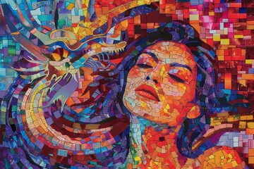 A vibrant and colorful abstract mosaic featuring an enchanting woman with her eyes closed, surrounded by the rich colors of reds, pinks, yellows, blues, purples, greens, and oranges. The focus is on h