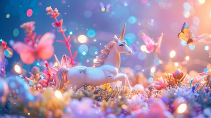 A whimsical podium with a touch of fairy dust featuring a magical meadow filled with unicorns butterflies and shimmering fairy lights . . - obrazy, fototapety, plakaty