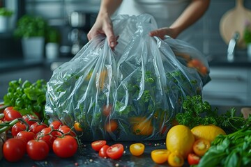 A person's hands are shown holding a plastic bag filled with fresh vegetables, highlighting the shopping experience and food storage