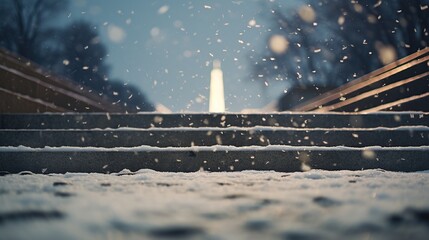 Snowfall on stairs of Washington monument. Shallow depth of field.