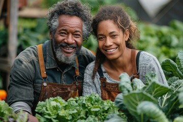 An elder male and young female gardener with warm smiles posing in a lush, green garden