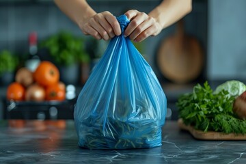 Close-up shot of hands tying a blue trash bag in a modern kitchen setting, emphasis on waste management and recycling