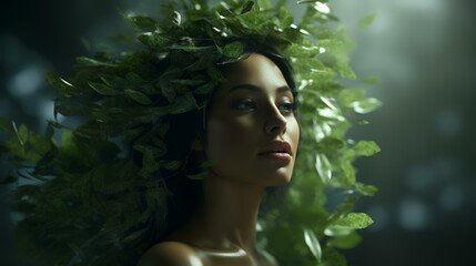 Beautiful young woman with green leaves in her hair. Beauty, fashion.
