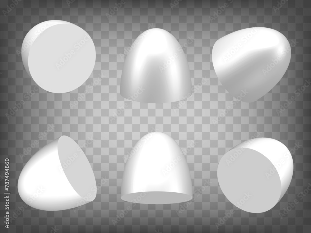 Poster set of perspective projections 3d half ellipsoid model icons on transparent background. 3d hemiellip