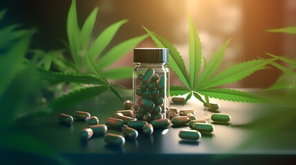 Cannabis herbal medicine capsule with marijuana leaves on dark background. Medical cannabis concept. - obrazy, fototapety, plakaty