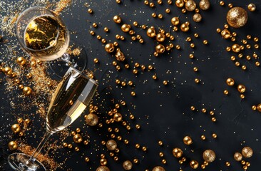 Black Table With Gold Ornaments and Confetti