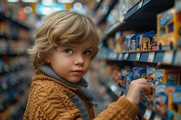 A cute child in a brown sweater focuses on choosing a cereal box from the supermarket shelf