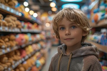 A young boy with curly hair standing in a supermarket aisle with blurred shelves of food in the background