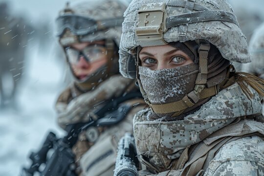 The image captures a soldier in snowy terrain, focusing on resilience and the harsh conditions of the military environment