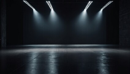 Empty showroom floor. Dark background. Abstract dark empty showroom floor texture. Product display spotlight background.