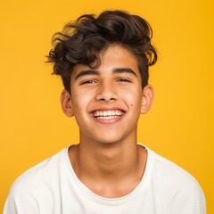Radiant Hispanic teenager with a cheerful smile, sporting a yellow t-shirt, set against a matching vibrant yellow background — a portrait of youthful optimism and style. - obrazy, fototapety, plakaty