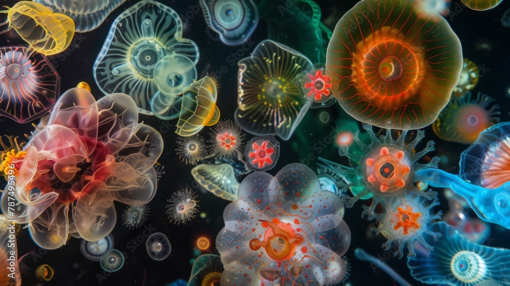 Poster a captivating scene showcasing a colorful dance of various protozoa species each adorned with magnif